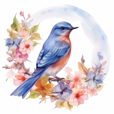 eastern bluebird standing in a wreath of flowers, use a combination of vibrant colors and subtle variations in color to capture the freshness and vitality of the scene. Let the transparent and flowing nature of watercolors add a sense of lightness and movement to the painting, clipart, plain isolated white background, 8k ultra detail high sharpness