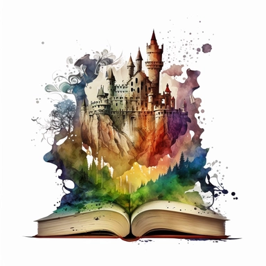 Clipart, Mythical Watercolor Castle Emerging from an Open Book, no background, hd