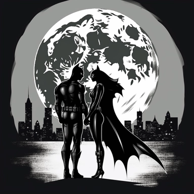 clipart, black and white, of a couple dressed as Catwoman and Batman, holding hands and looking romantic to each others, the horizon with the moon and new york in the background? A comic book feel to it. It would be a fun and playful representation of the love and adventure that the couple shares. white background, HD