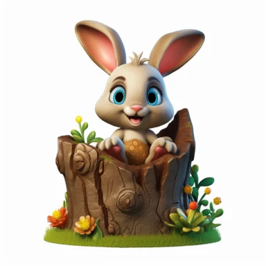 adorable bunny with bright eyes, with cute paw pads and a curious expression. peeking out from a cozy hollow in a tree trunk, surrounded by moss, mushrooms, butterflies flying around, Fairytale Cartoon Art Style, Full Body Image and Appearance, 3D-Designed Character, in style of clipart with no background