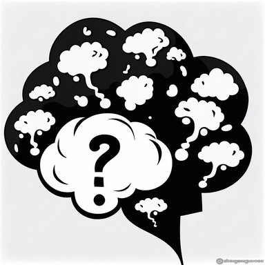 clipart of a brain with a big question mark inside. Beautiful, flat, cute manga style, black and white, round image borders
