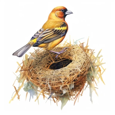 Sociable weaver, building a large nest, vibrant colors, clipart, on a white background.