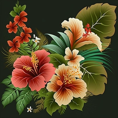 floral accent, blooming flowers like hibiscus, orchids, and plumeria. Use coral green and brown colors to make them look vibrant and fresh. clipart
