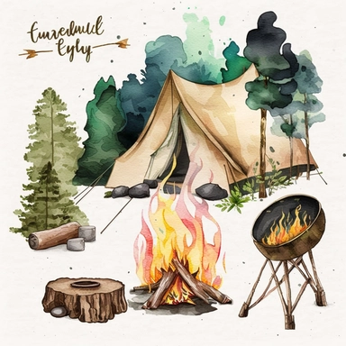 Camping clipart, camp clip art, watercolor camp fire, woods, tent, hiking
