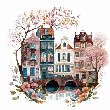 Very very cute and Whimsical quirky row houses, Amsterdam canal, bridges and water, town houses, tree blossom, colorful, Watercolored illustration in the style of Michael Powell, clipart, white background