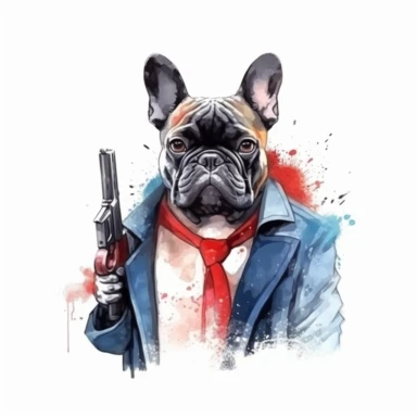 angry mafia boss french bulldog with human hands holding a gun, watercolor clipart, minimalist, bright colors, isolated white background, 8k