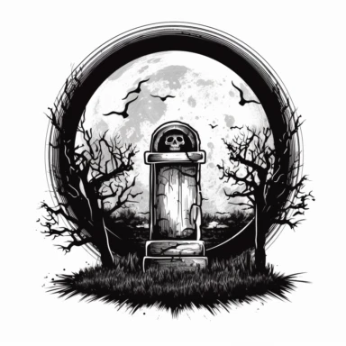 A scary looking tombstone for halloween with large full moon behind it, white background, single design, clipart, vector style graphics, sharp lines