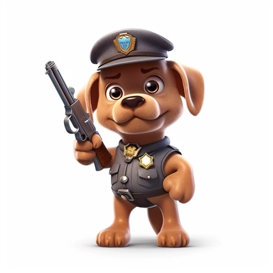 clipart, cartoon brown dog like a policeman with gun, cap on head, in the style of imax, playful and lighthearted compositions, childlike innocence and charm, uhd image, realistic and hyper-detailed renderings, movie still, utilizes, white background