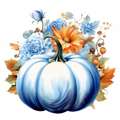 vector watercolor hyper realistic vintage fall autumn blue pumpkin with flowers clipart, blue pumpkin and flowers, photorealistic, realistic still life style, detailed watercolor style, on white background