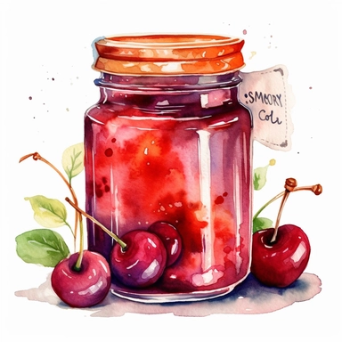 create a stunning watercolor clipart high quality high detail clipart illustration of an old fashioned fancy mason jar of CHERRY jam, CLIPAERT STYLE, DISNEY STYLE ,no font no text, white background