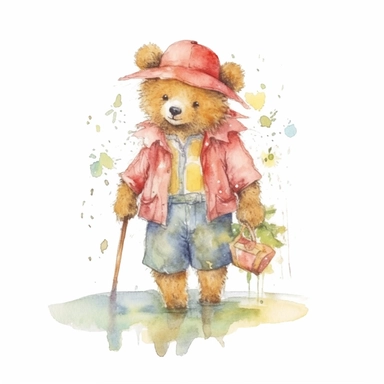 a Cute Happy Bear in clothing in the style of Watercolor Kate Greenaway Clipart, White Background