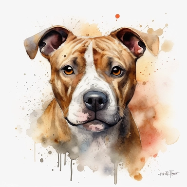 cute Staffordshire Bull Terrier dog portrait, full face, centered shot, side shot, dynamically posed, in action, playful mood, happy mood, playing mood, cute face, adorable smile, childlike eyes, clean watercolor illustration, white background, nursery baby imagery, painting, detailed, 8k, PNG, clipart,