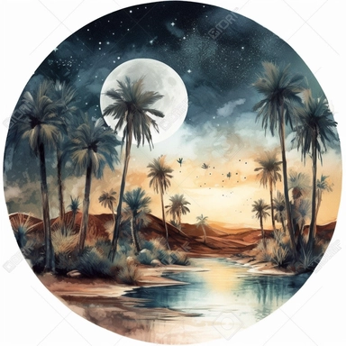 clipart style, watercolor scene of A captivating image of an Enigmatic Desert Oasis, featuring a mesmerizing night scene. The moon casts a soft glow on a secluded oasis, where palm trees sway gently in the breeze. The sparkling stars in the clear night sky add an ethereal touch to the enigmatic atmosphere, HD, on white background