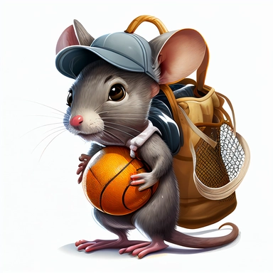gray mouse with cap wearing backpack and holding a basket ball, boring mine, white background, clipart