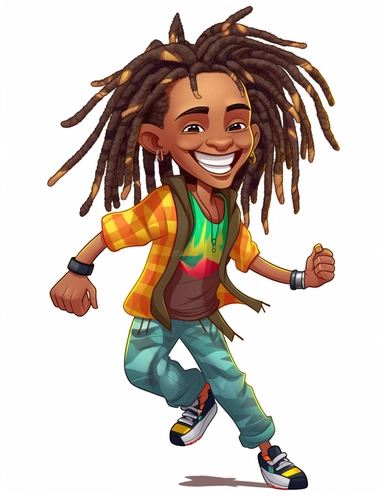 cute cool smiling black boy with wild colorful dreadlocks, dancing, chibi style, jewelry, hip hop clothing, hands in pocket, clipart, whole body, white background,