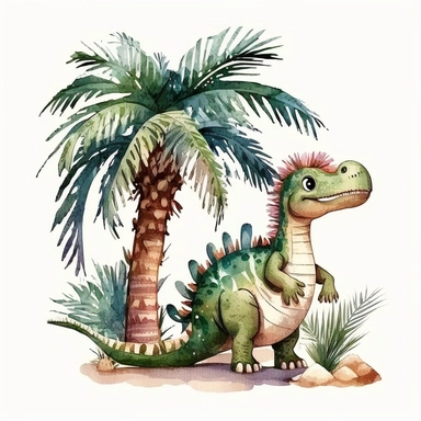 dinosaur with a palm tree, clipart, children's illustration, watercolor, cartoon style, white background, 8k,
