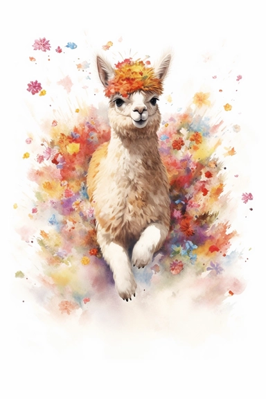 A highly detailed watercolor drawing of an adorable baby alpaca frolicking on a rolling wildflower hill on a pure white background. The alpaca is captured in a playful and joyful moment, with its fluffy coat bouncing as it jumps and runs through the vibrant wildflowers. The drawing showcases the alpaca's interaction with the colorful wildflowers, with petals and blooms swirling around in its wake. The white background enhances the focus on the alpaca and the lively scene, creating a delightful c