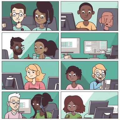 two-by-two square, each square shows a single software developer working at a computer building awesome software. the people are gender and racially diverse and all smiling and happy. in the style of clipart