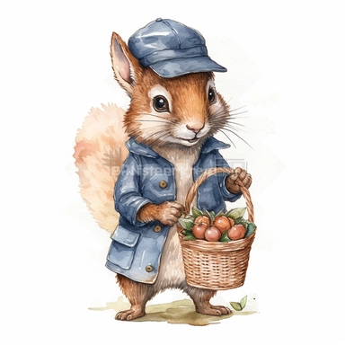An anthropomorphic squirrel wearing a brown nut-patterned jumpsuit and a dark blue farmer's cap clipart,happy expression,Storing nuts in a little sack , standing dynamic pose, front side view, in the style of watercolor cartoon clipart, beatrix potter style, pixar style, high resolution, composition free space, pastel color scheme, soft and tender, watercolour clipart, watercolor illlustration for kids and children,isolated white background, clipart most popular on etsy, book illustration, featu