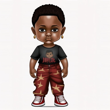 2d clipart, Full body, Gorgeous dark-skinned African American design of Beautiful tiny boy, attractive and chubby, He is wearing Juneteenth print pants, cool juneteenth print shirt, and cool shoes. 8k, white background, hyperrealistic graffitti fire brown color red matte black color white--no doubles