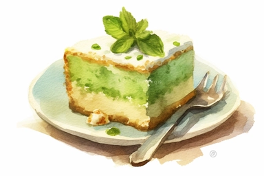 picturesque,a bright simple green tea sponge cake on dish in family restaurant, mint, clipart on white background, watercolor style,detailing, high quality, painted by Beatrix Potter, 8k