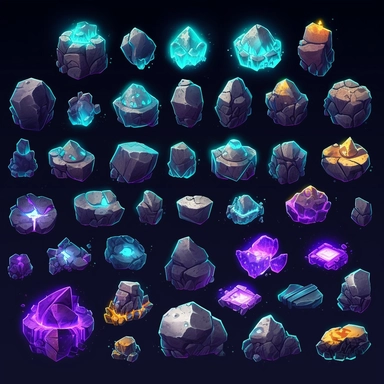 Large Glowing Geode Boulders, video game assets, isometric, top down, isolated figures, hand drawn, level art, atmospheric effects, spatial concept art, muralist, clipart, ps1 graphics, deconstructed objects, 2d, plain background