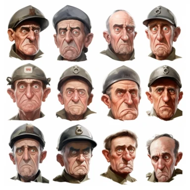 a clipart gallery of the faces of german soldiers from world war 2, wehrmacht, stahlhelm, photo realistic, white background, grim and stern face, in the style of a caricature, oil painting, 3/4 angle