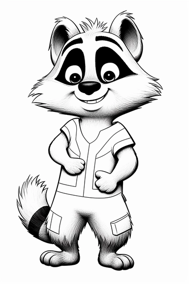 pixar Raccoon clipart, simple line art, monocromatic, isolated on white background, color image, full body, stroke line art, for toddler coloring, 8k