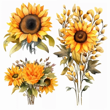 watercolor sunflowers clipart, fall sunflower floral bouquets