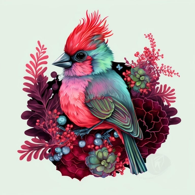 Cute colorful baby cardinal bird sublimation Clipart design, colorful coral around the cardinal bird , 8k