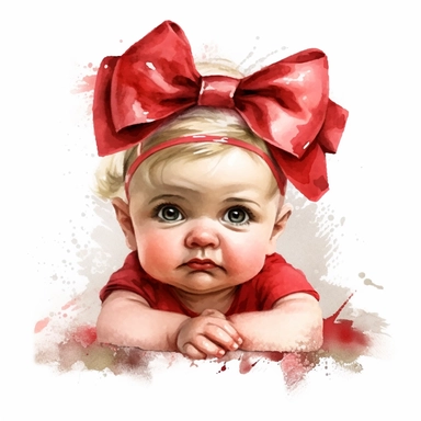 watercolour style cute newborn chubby size baby girl curled up frowning her eyebrows dribbling from mouth a red bow on head fine details Christmas dress wide background png plain background clipart