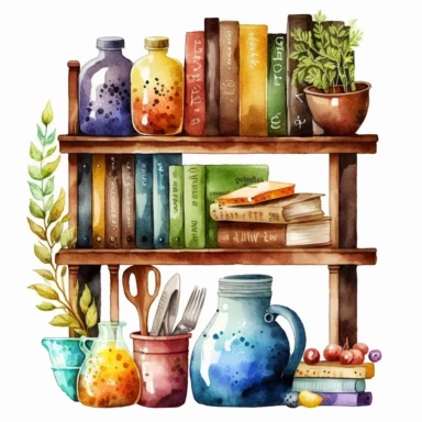beautiful Watercolor clipart of a rustic book shelf filled with cook books and home items on isolated white background, insane detail