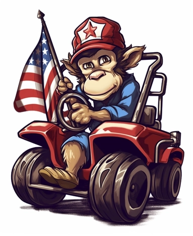 Showcasing a cartoon monkey as a forklift operator, with the design featuring a patriotic twist and incorporating elements inspired by the American flag. The overall design can appear polished and poignant, with the monkey proudly operating the forklift, that can be used as a sticker, colorful, highly detailed, with a white background, in the style of Pixar clipart, and no cut off edges.