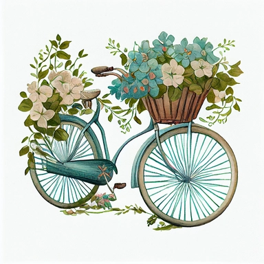 cute vintage bicycle with flowers clipart, watercolor, pastel blue aqua