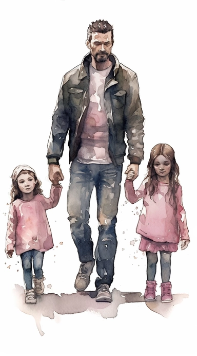 DESIGN A MAGNIFICENT AND EXQUISITE BREATHTAKING ONE-OF-A-KIND HIGH QUALITY HIGHLY DETAILED MASTERPIECE WATERCOLOR CLIPART ILLUSTRATION OF A man and young children holding hands while walking, in the style of realistic watercolors, dark white and pink, dol