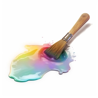 an artists paintbrush with a tapered tip, wooden handle, above a rainbow coloured puddle of water, layered translucency, soft edged, clipart, watercolour style ,