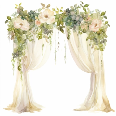 Watercolor Wedding Arch Clipart, decorative peony vines, ivy, covered in april flowers blooming garland, cream and natural colors, sheer drapes, silk, spring, floral, flowers, white background, no text, no fonts