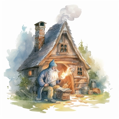 watercolour wizard animated clipart character, casting a spell with a wand in one hand and a book of spells in the other, inside a small stone cottage with smoke rising from a open fireplace , set against a solid white background, ultra high definition, size 2048x2048, no watermark