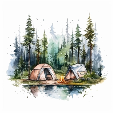camping scene in forest watercolor style clipart on white background with margins