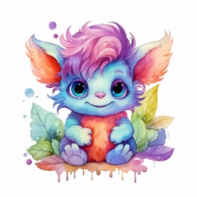 Watercolor adorable cute Troll clipart on a white background in the style of chibi feminine sticker art, Tanya Shatseva, storybook illustration, mysterious and unique tones, Georgia O'Keeffe, colored line art, colored outlines, cottagecore design, watercolor on white background, ombre, warm tones, colored line art, colored outlines, iridescent ombre, gradient shading, pixar style troll, vibrant digital art oil paint photorealism, an illustration of a colored flower, meticulous sketches, Magali V