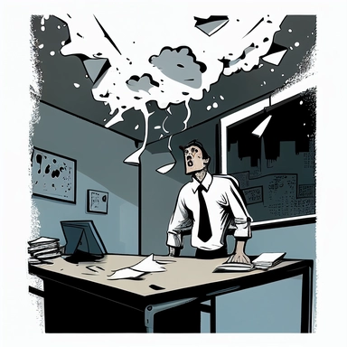 clipart réaliste, fond blanc, faux plafond menace de s'effondrer au dessus d'un bureau