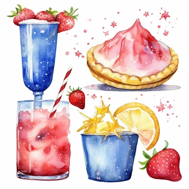 watercolor clipart set fireworks, state fair, blue ribbon, strawberry pie slice, lemonade, white background, photo realistic