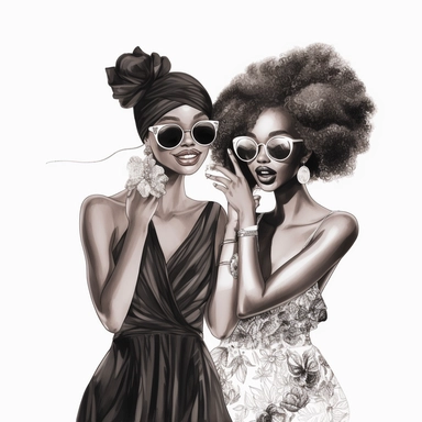 Glamour Party, Fashion, Illustration, black girls, Best Friends, clipart, very detailed, white background