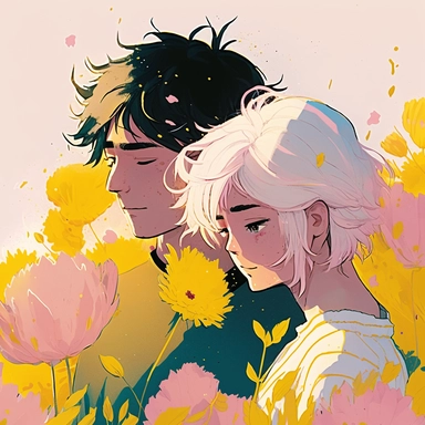 Dreamlike hyper realistic illustration of a couple in love embracing. The man has black hair. The girl is has white hair. In a field of pink and yellow flowers. Flat colors, simple lines, gorgeous lighting, graphic novel style, 2d painting, ink painting style, digital art, childrens character design, happy mood, pixar style cartoon, line work, minimalist, watercolor, 8k, PNG, clipart on white background, sticker style, studio ghibli vibe, studio ghibli style