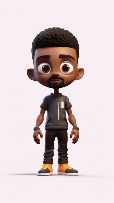 Front view of animated black man standing wearing t-shirt character design, full body, face drawing in top quality, high quality face drawing, clipart, full illustration, 4k, sharp focus, Soft skin, symmetrical, detailed face, concept art, storybook style, chibi kawaii. Octane rendering, 3D, perfect face, detailed face, delicate face, sharp lips. Perfect, detailed eyes