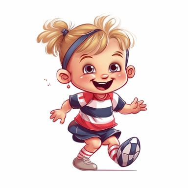 cartoon full body girl football player as a cute smiling baby, heavy lines, clip art, soft colours