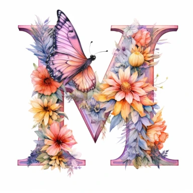 Pastel Color Beautiful Fairy Butterfly Flower Alphabet Letter  m  Watercolor Clipart, Cartoon, hyper realistic, intricate detail, illustration style, high solution, on the white background