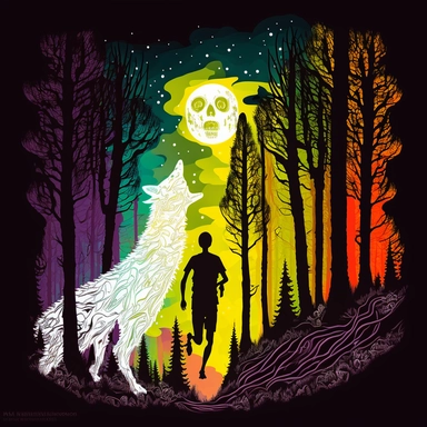 superior hikinh trail, minnesota, autumn, northern lights, in the style of John Kenn Mortensen, human trail runner with wolf head, white birch forest, chased by monsters, ghosts, animals, spooky, colorful, white background, magical, fantasy, vector, clipart, elaborate, ultra-detailed, best quality, well composed, vibrant color tone, trending on artstation, elaborate, cinematic lighting, vibrant colors, high definition