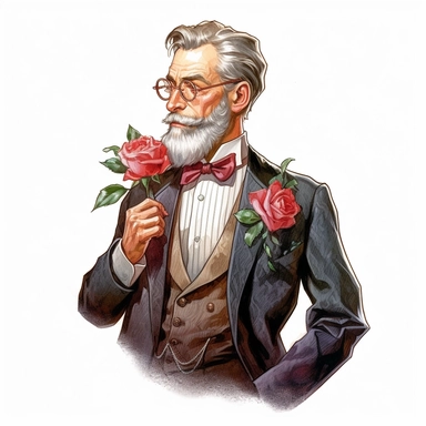 Wise Victorian gentleman with a gray beard and spectacles, his vest pocket decorated with a vibrant red rose boutonniere. White background, clipart, watercolor, intricate detail.
