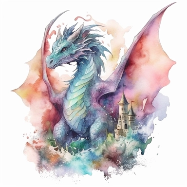 dragon in a fantastical and magical world, watercolor fantasy clipart